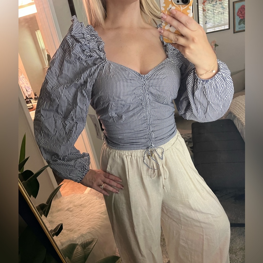 bishop + young Navy Striped Blouse with Cream Pants